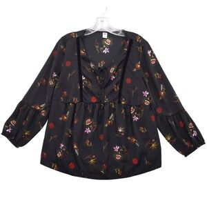 Old‎ Navy Floral Blouse Long Sleeve Peasant Top Black Multicolor M
